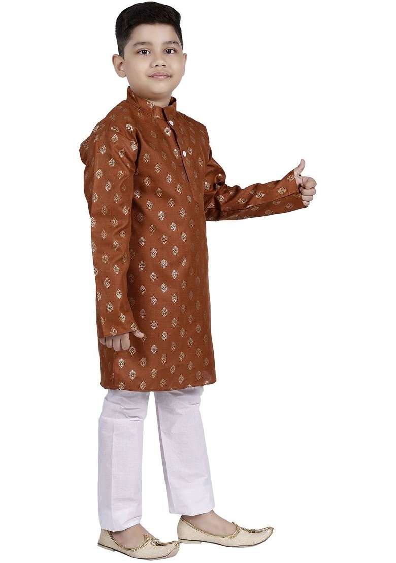 Brown Printed Blended Kurta Set For Boys - Indya