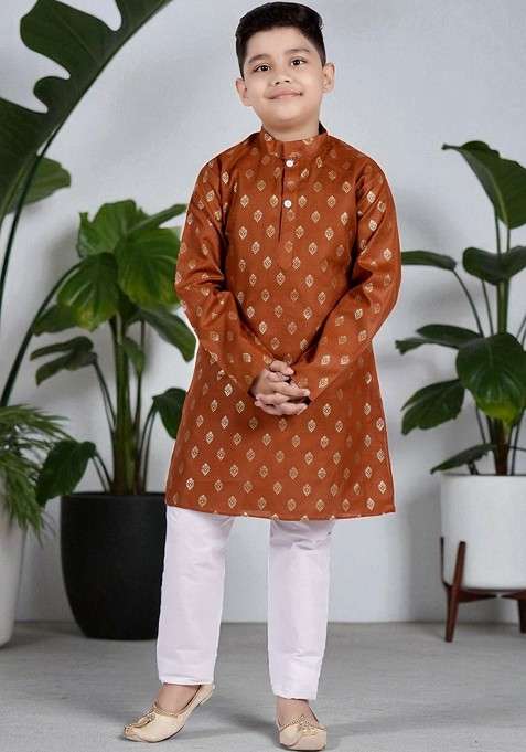 Brown Printed Blended Kurta Set For Boys