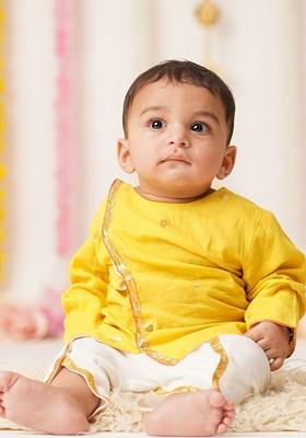 Yellow Woven Design Cotton Kurta Dhoti Set For Boys