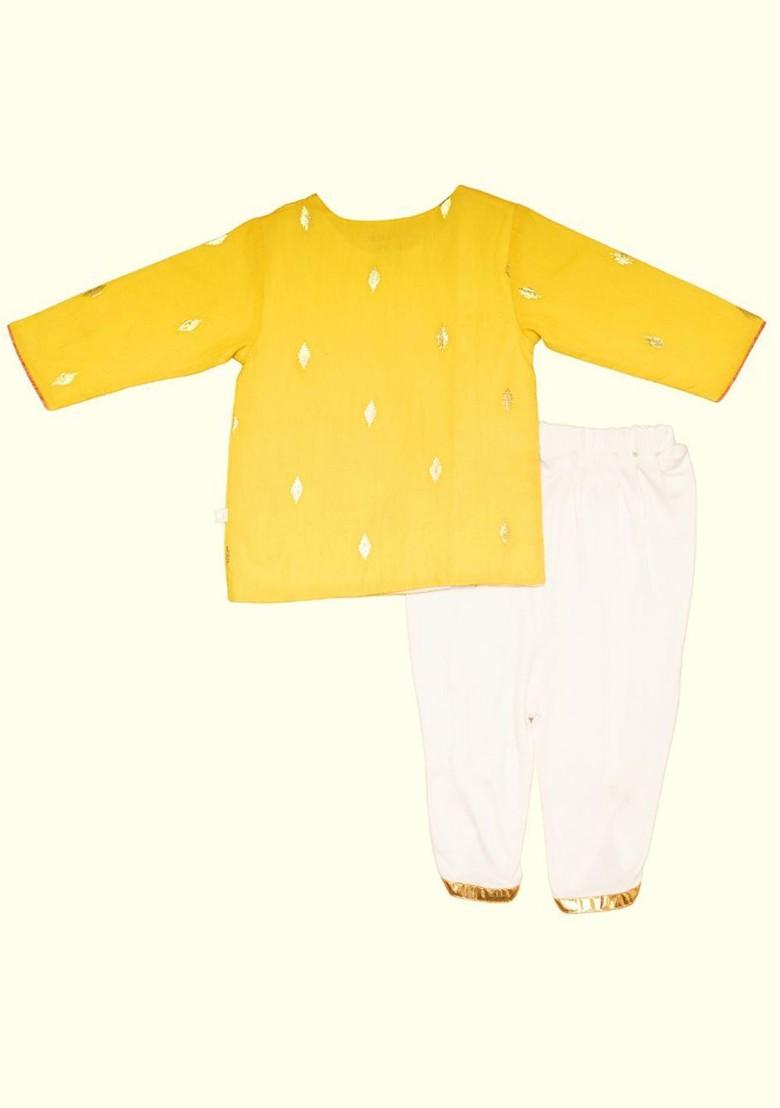 Yellow Woven Design Cotton Kurta Dhoti Set For Boys - Indya