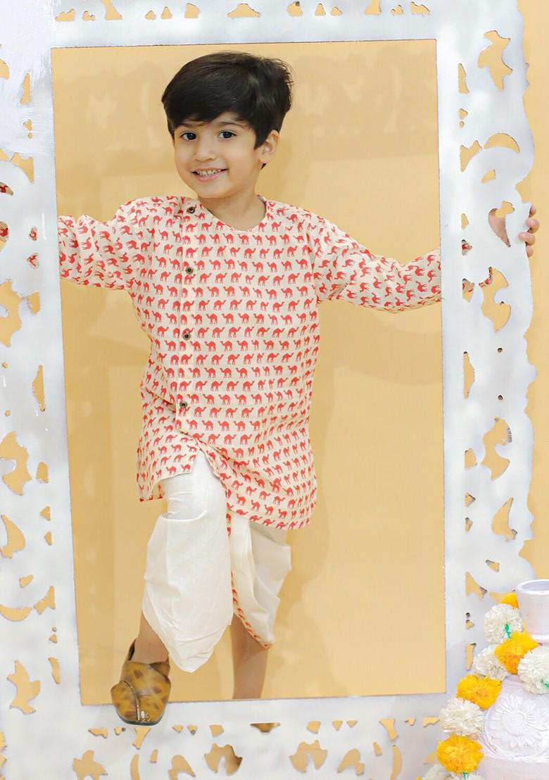 Red Printed Cotton Kurta Dhoti Set For Boys - Indya