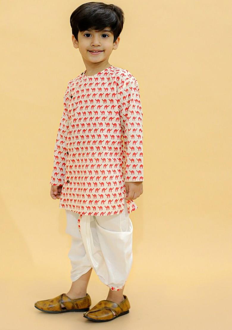 Red Printed Cotton Kurta Dhoti Set For Boys - Indya