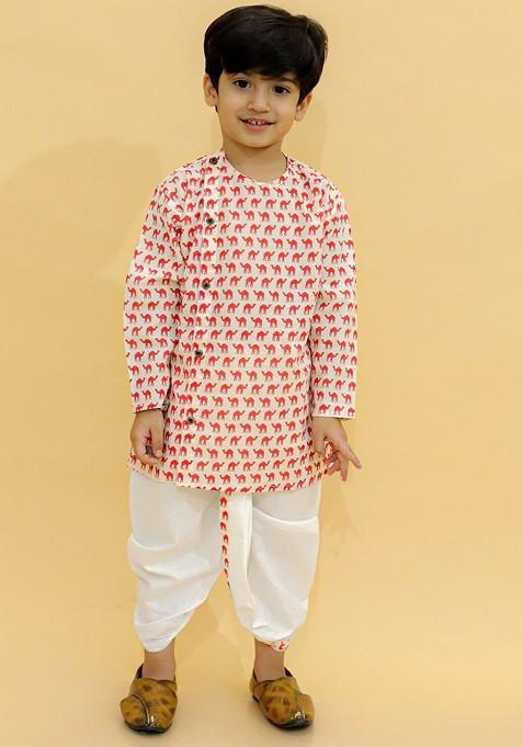 Red Printed Cotton Kurta Dhoti Set For Boys — view on Indya