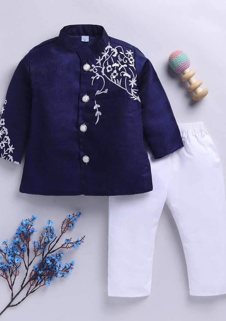 Navy Blue Embroidered Blended Jacket And Pant Set For Boys - Indya