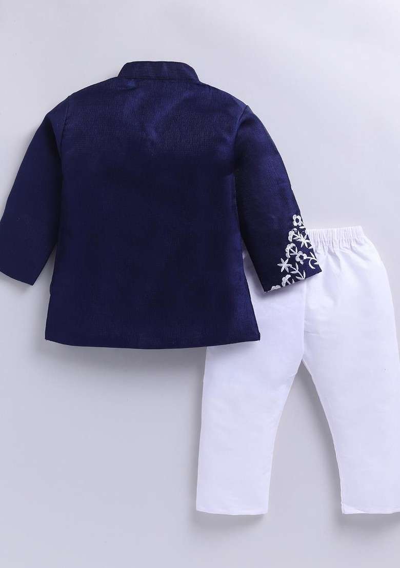 Navy Blue Embroidered Blended Jacket And Pant Set For Boys - Indya