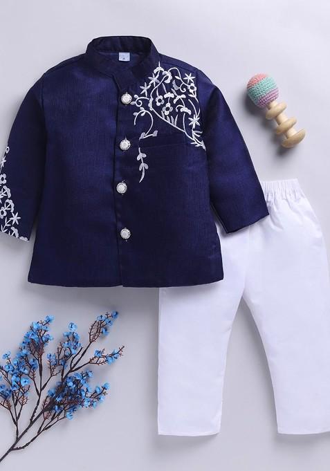 Navy Blue Embroidered Blended Jacket And Pant Set For Boys