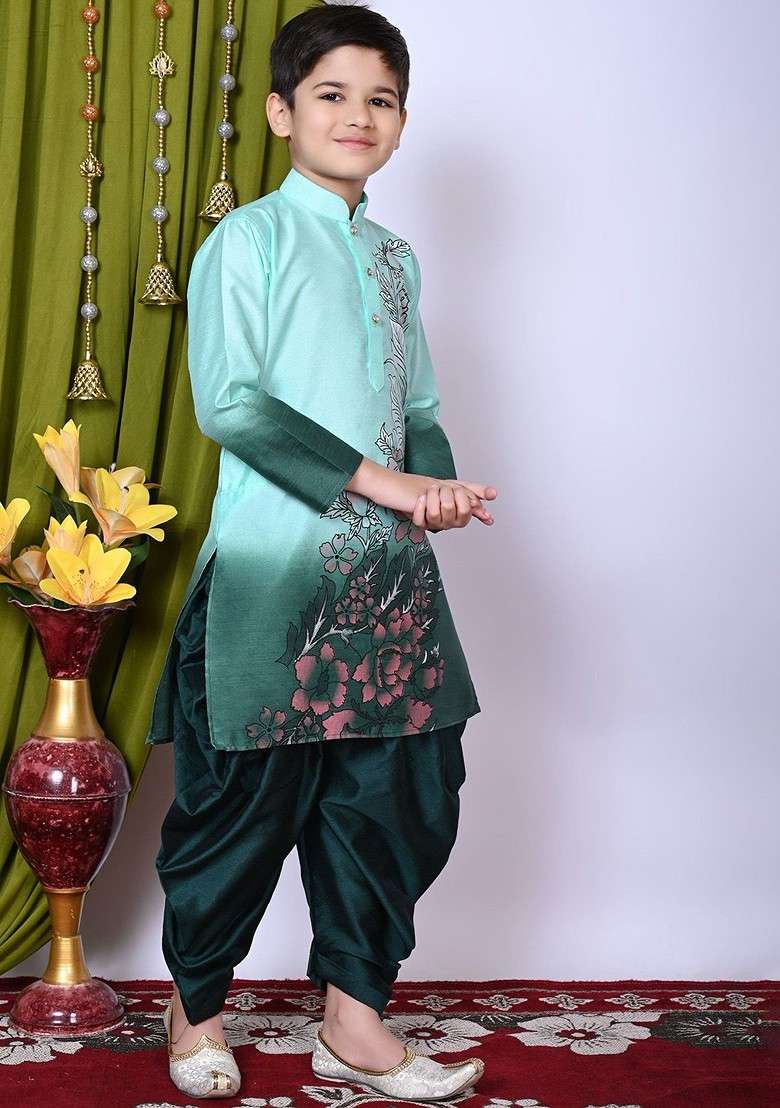 Sea Green Printed Silk Kurta Set For Boys - Indya