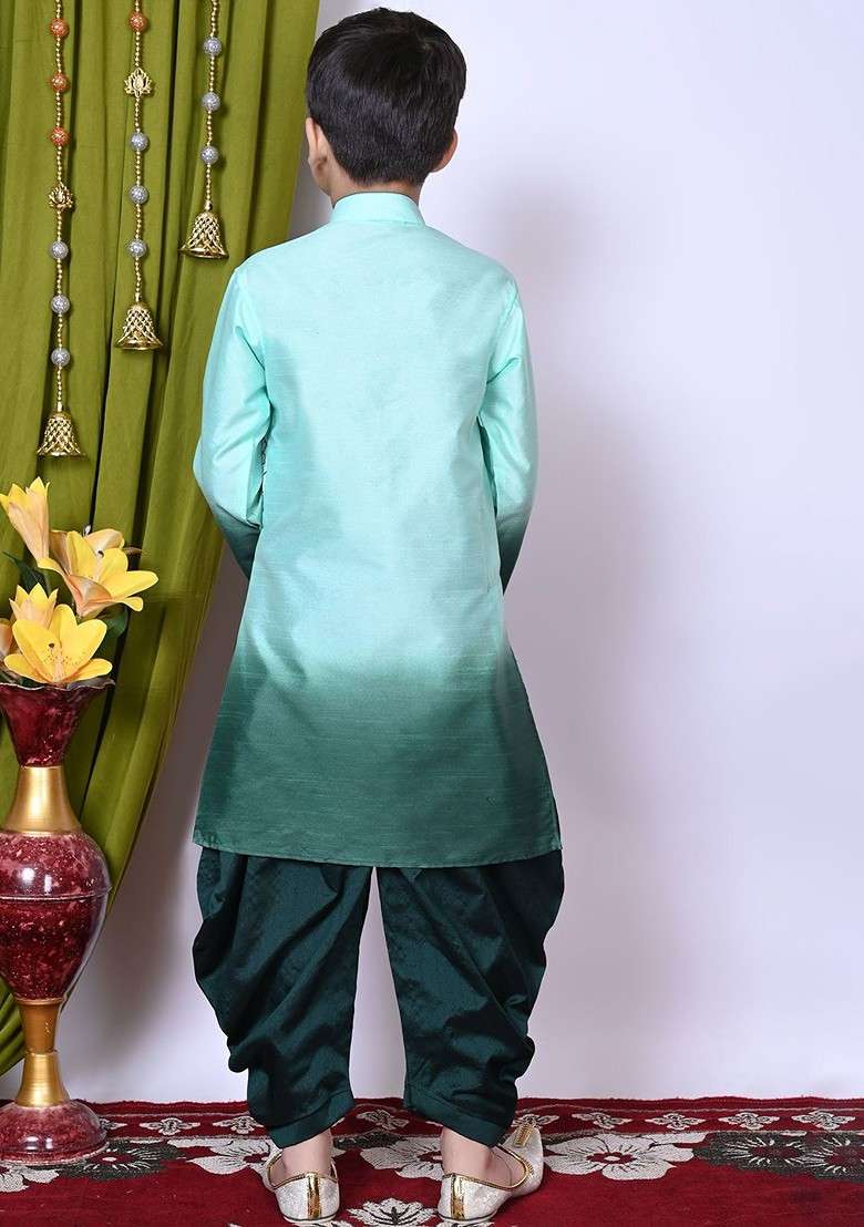 Sea Green Printed Silk Kurta Set For Boys - Indya