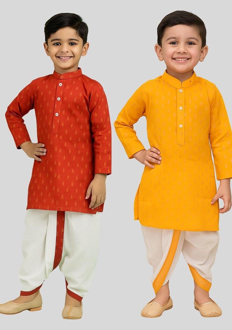 Multi Self Design Cotton Kurta Set For Boys - Indya