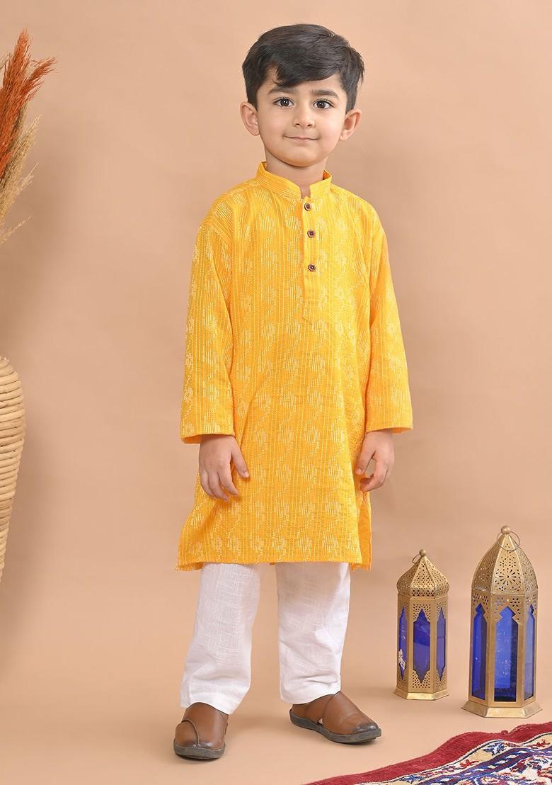 Yellow Woven Design Cotton Kurta Set For Boys - Indya