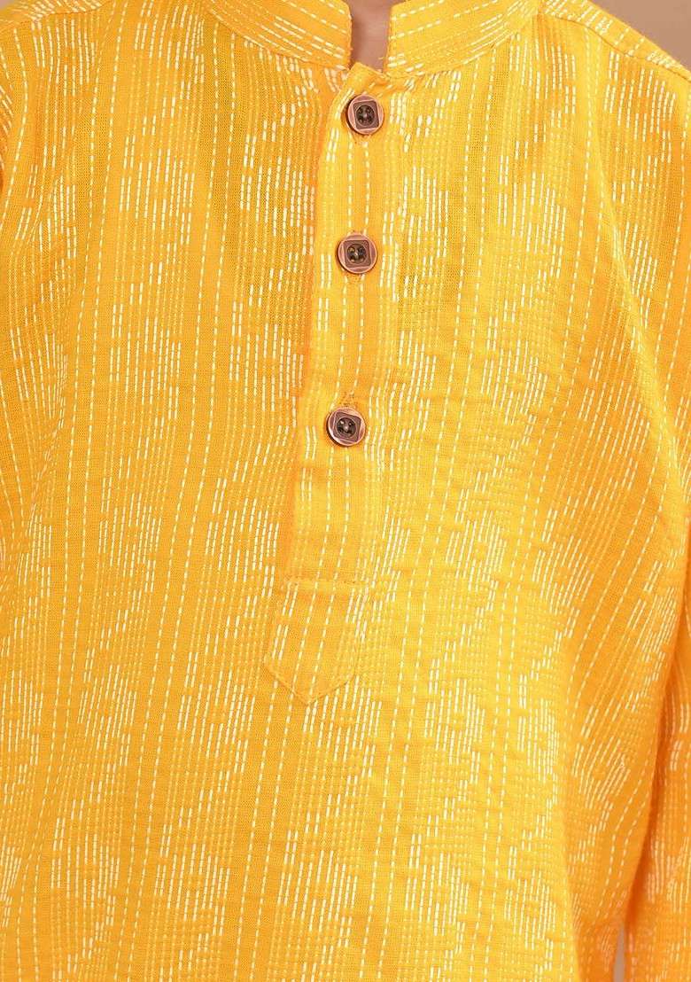 Yellow Woven Design Cotton Kurta Set For Boys - Indya