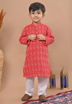 Red Woven Design Cotton Kurta Set For Boys