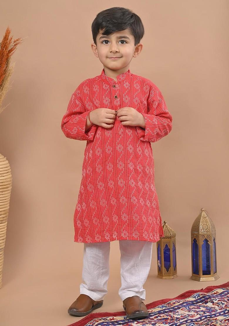 Red Woven Design Cotton Kurta Set For Boys - Indya