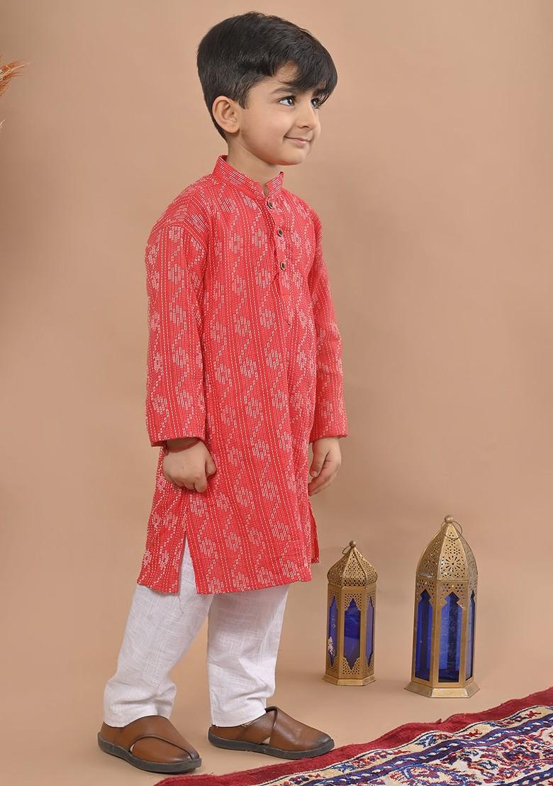 Red Woven Design Cotton Kurta Set For Boys - Indya