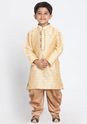 Gold Woven Design Blended Kurta Dhoti Set For Boys