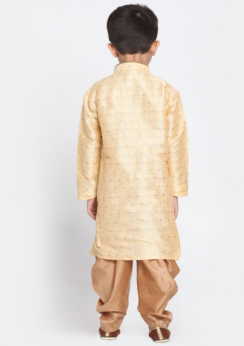 Gold Woven Design Blended Kurta Dhoti Set For Boys - Indya