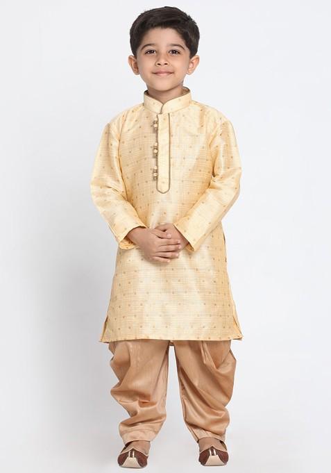 Gold Woven Design Blended Kurta Dhoti Set For Boys — view on Indya