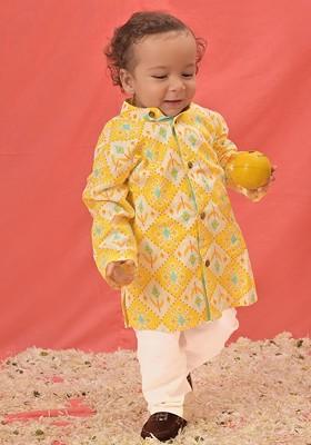 Mustard Printed Blended Kurta Set For Boys
