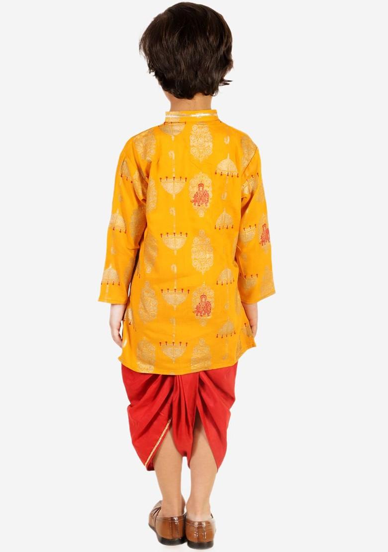 Yellow Printed Cotton Kurta Dhoti Set For Boys - Indya