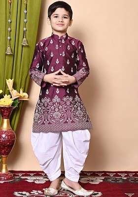 Purple Printed Silk Kurta Set For Boys