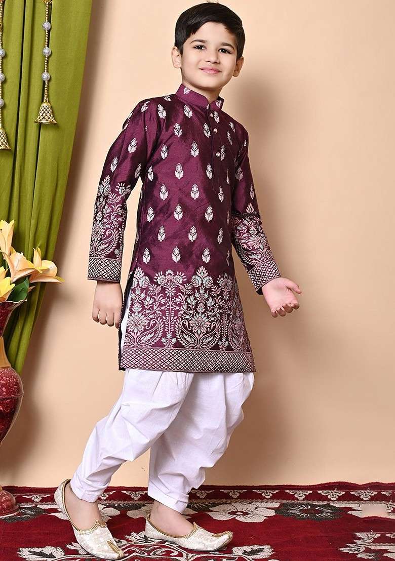 Purple Printed Silk Kurta Set For Boys - Indya