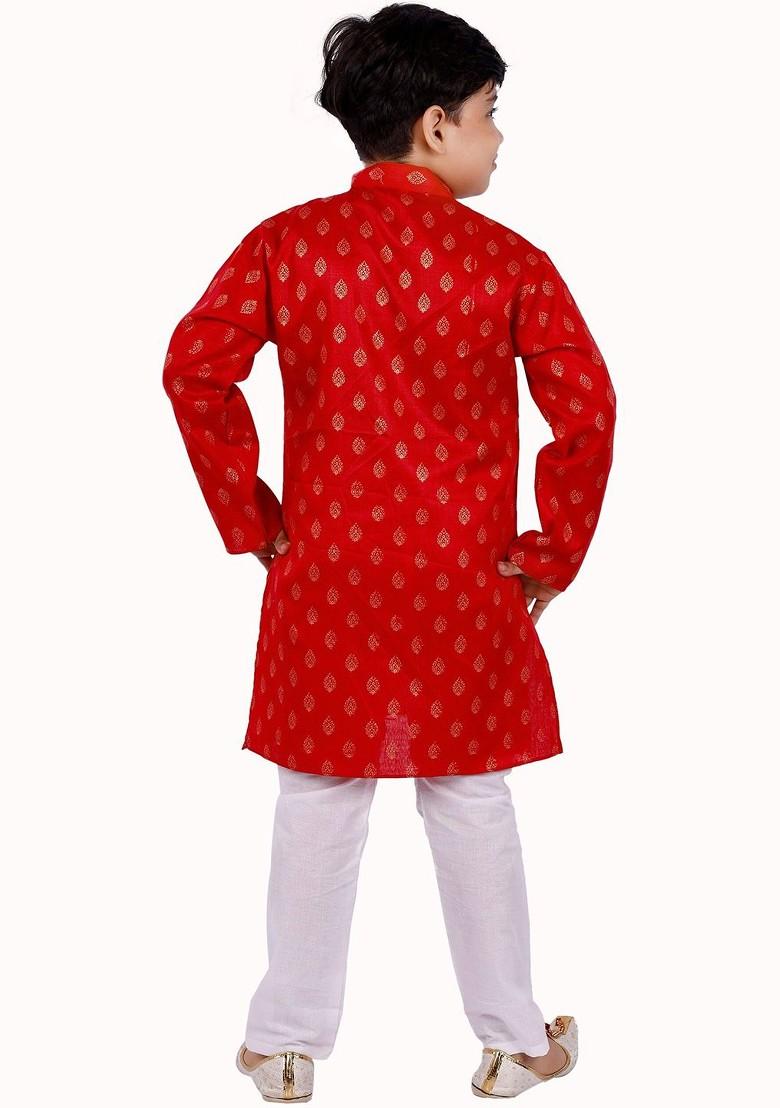 Red Printed Blended Kurta Set For Boys - Indya
