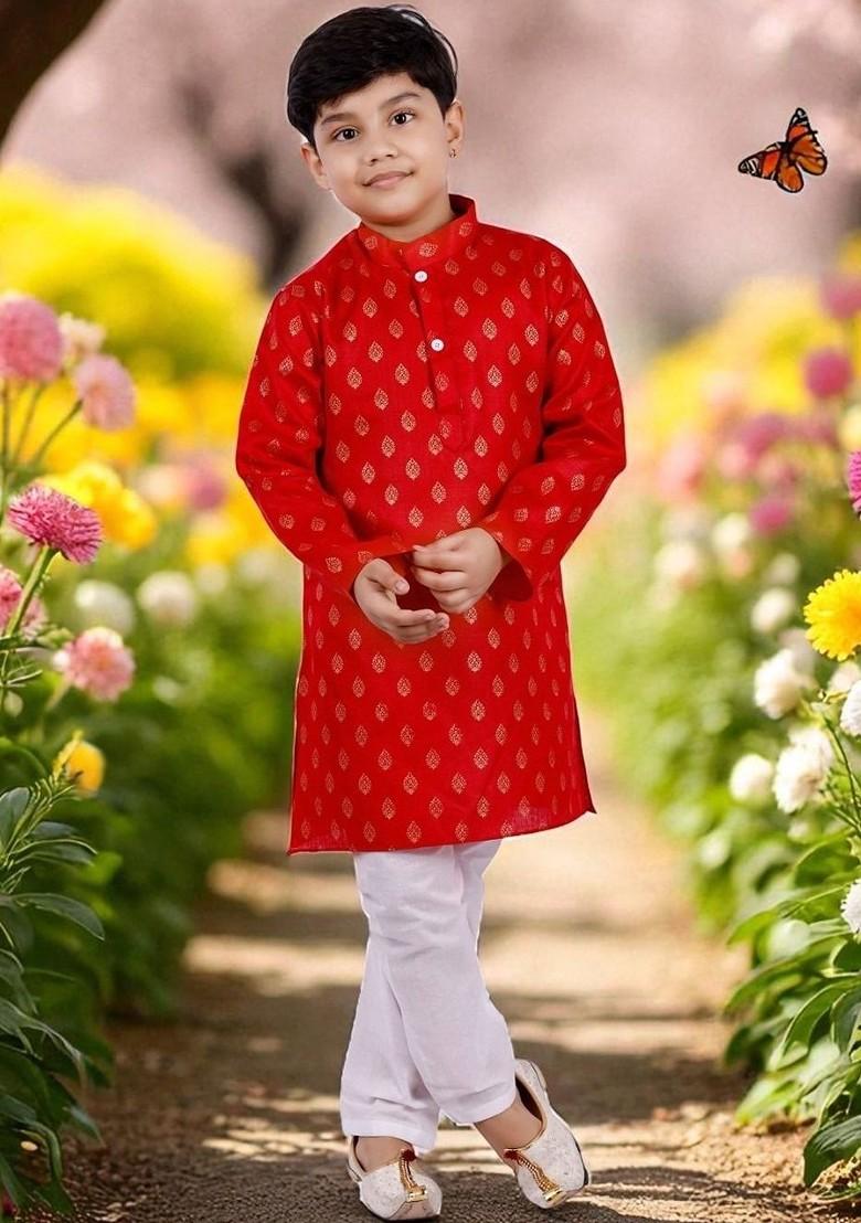 Red Printed Blended Kurta Set For Boys - Indya