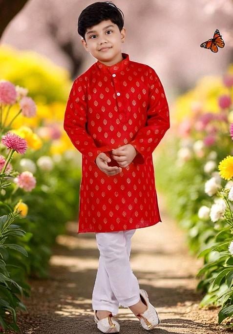 Red Printed Blended Kurta Set For Boys — view on Indya