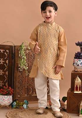 Beige Embroidered Cotton Kurta Set For Boys