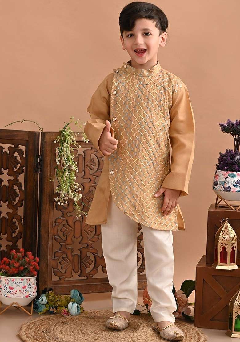Beige Embroidered Cotton Kurta Set For Boys - Indya