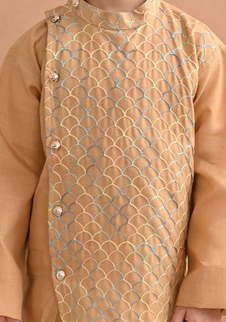 Beige Embroidered Cotton Kurta Set For Boys - Indya