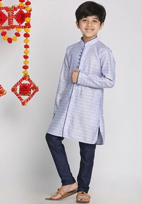 Purple Embroidered Blended Kurta Set For Boys