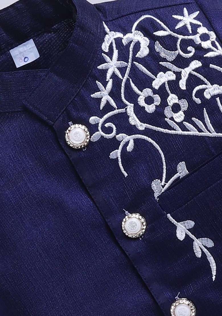 Navy Blue Embroidered Blended Kurta Set For Boys - Indya