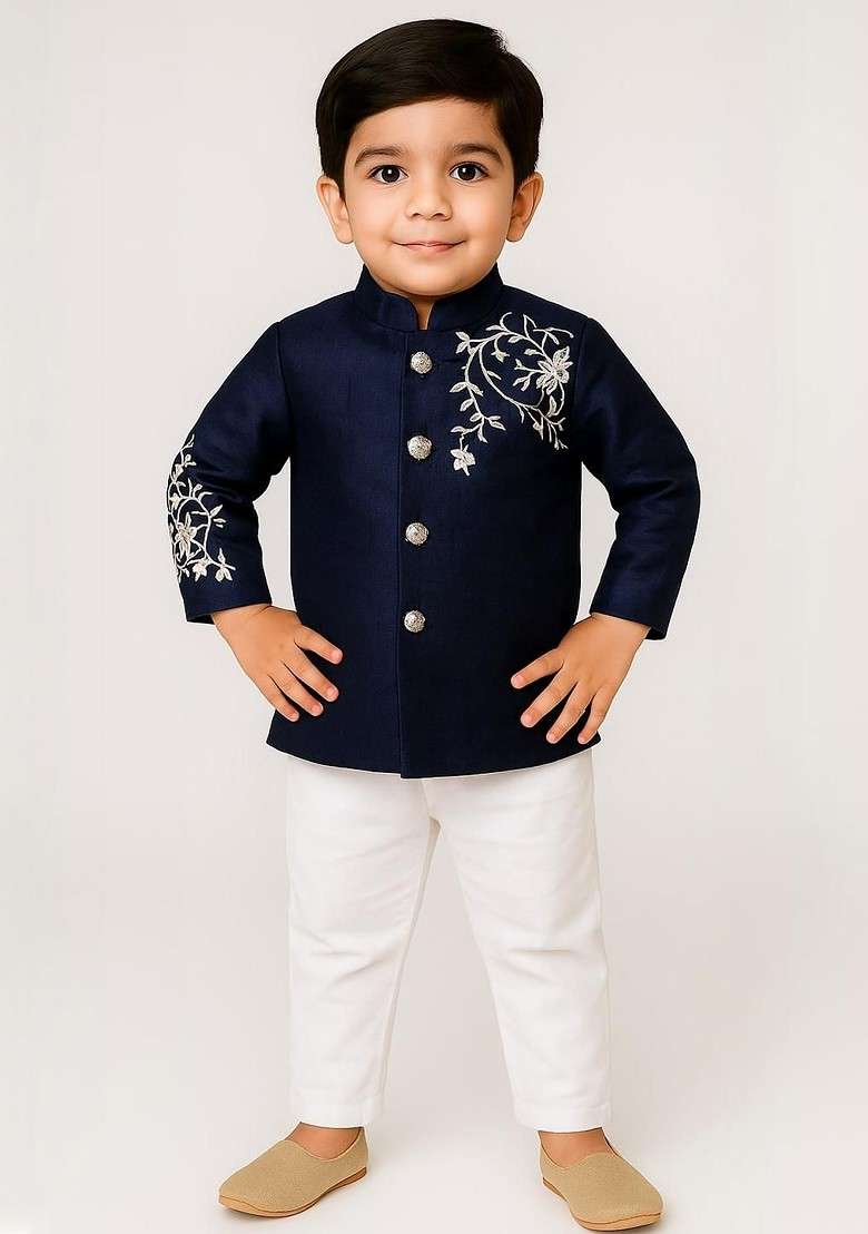 Navy Blue Embroidered Blended Kurta Set For Boys - Indya