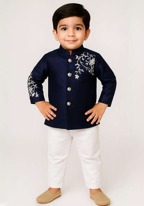 Navy Blue Embroidered Blended Kurta Set For Boys