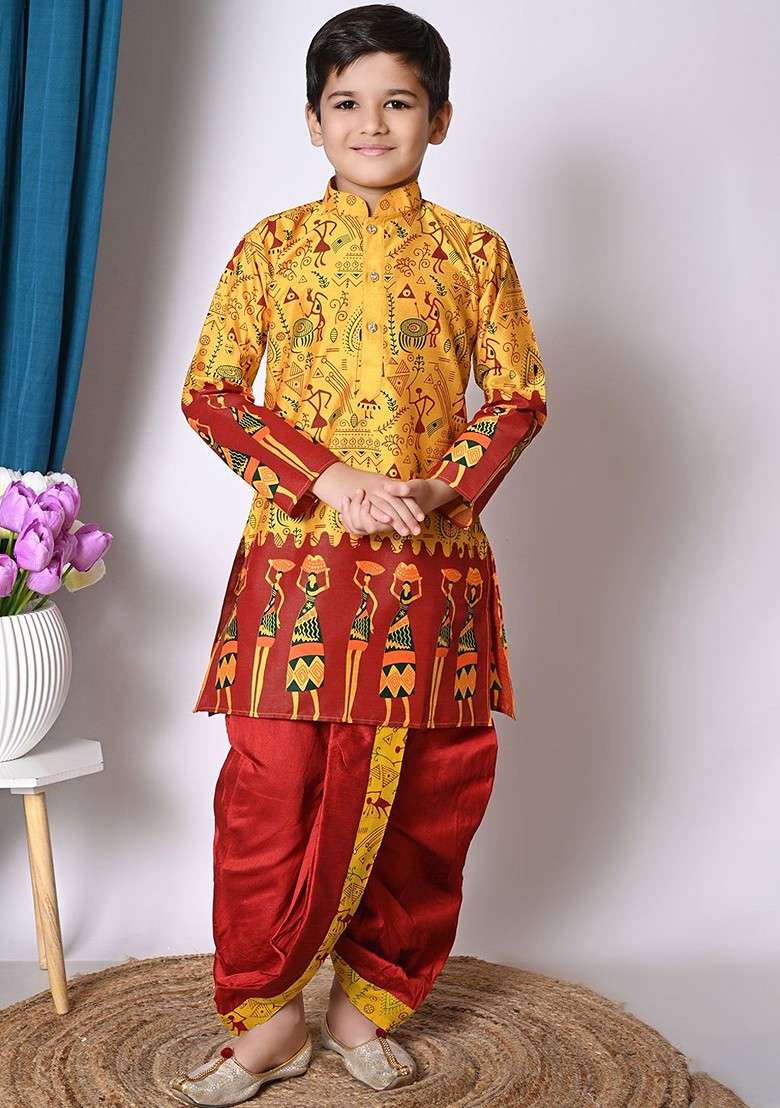 Yellow Printed Silk Kurta Dhoti Set For Boys - Indya