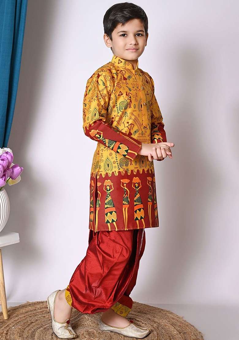 Yellow Printed Silk Kurta Dhoti Set For Boys - Indya
