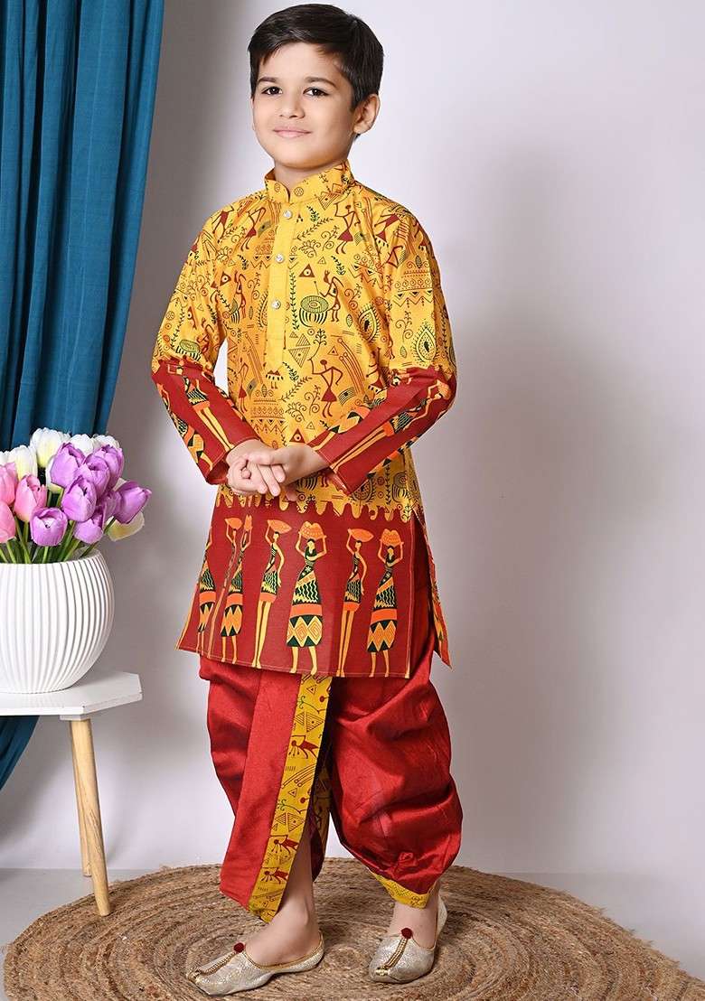 Yellow Printed Silk Kurta Dhoti Set For Boys - Indya