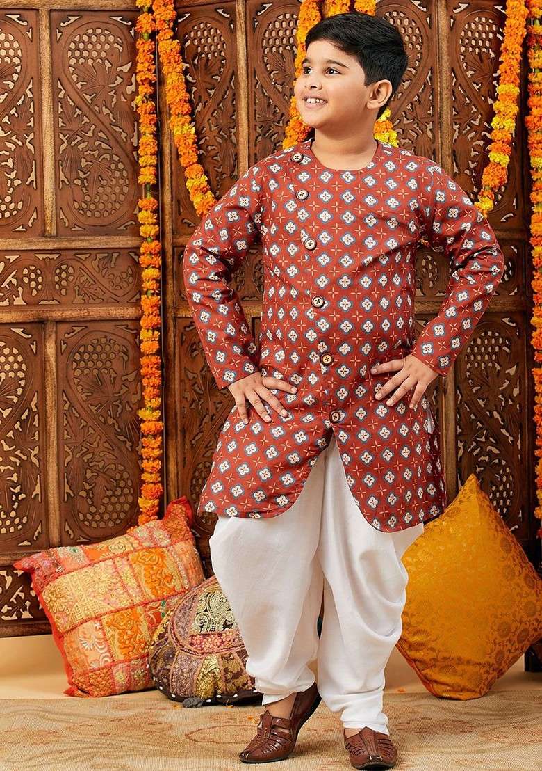 Maroon Printed Cotton Kurta Dhoti Set For Boys - Indya