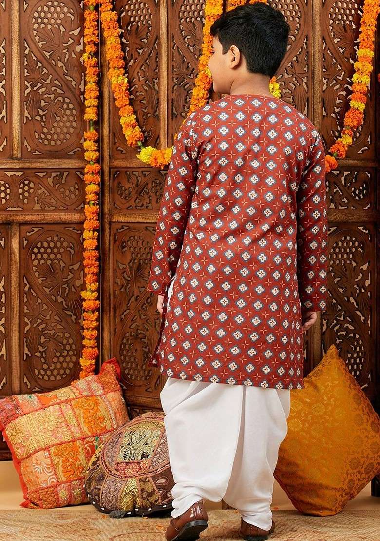 Maroon Printed Cotton Kurta Dhoti Set For Boys - Indya