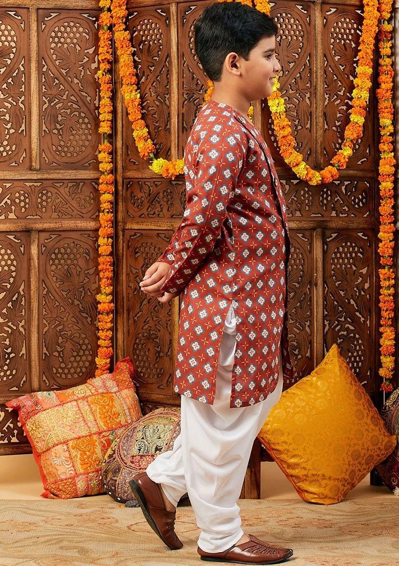 Maroon Printed Cotton Kurta Dhoti Set For Boys - Indya