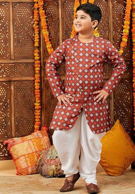 Maroon Printed Cotton Kurta Dhoti Set For Boys