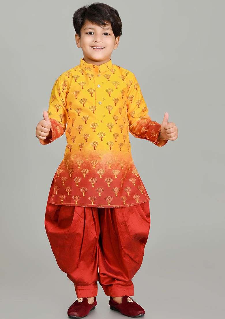 Yellow Printed Silk Kurta Dhoti Set For Boys - Indya