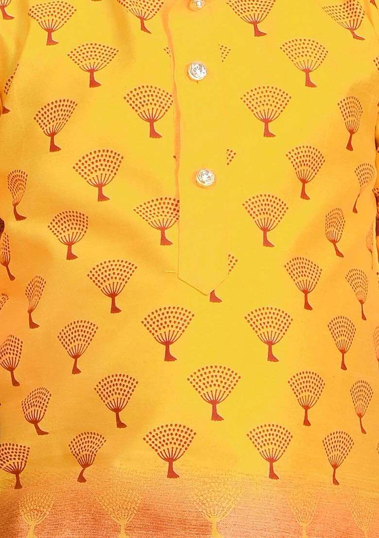 Yellow Printed Silk Kurta Dhoti Set For Boys - Indya