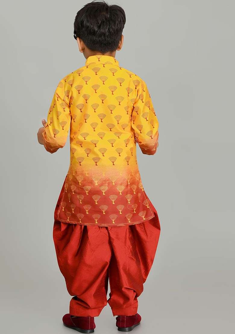 Yellow Printed Silk Kurta Dhoti Set For Boys - Indya