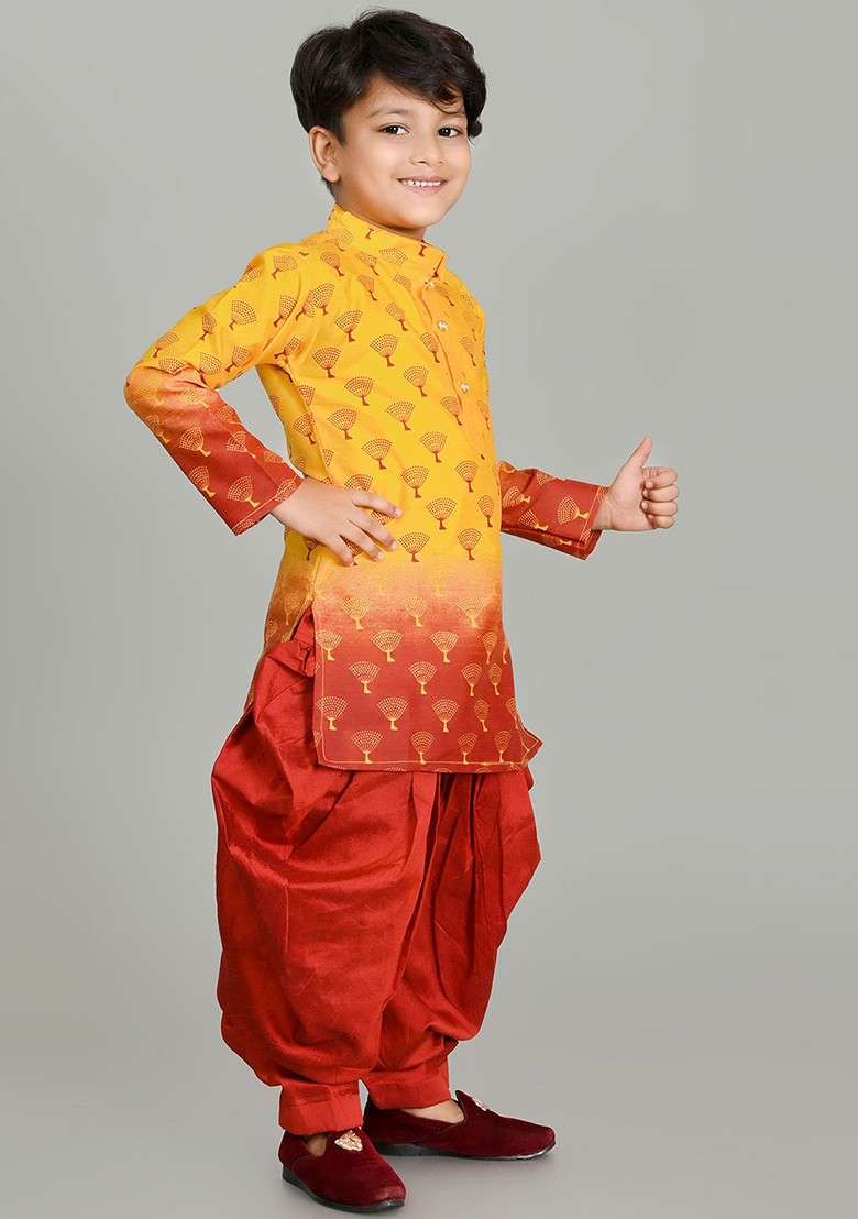 Yellow Printed Silk Kurta Dhoti Set For Boys - Indya
