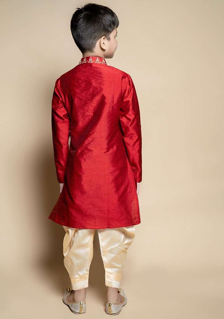 Maroon Embroidered Silk Kurta Set For Boys - Indya