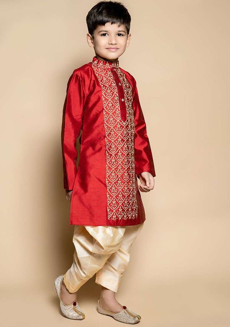 Maroon Embroidered Silk Kurta Set For Boys - Indya