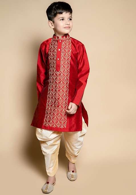 Maroon Embroidered Silk Kurta Set For Boys
