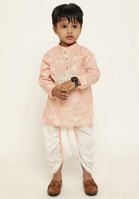 Peach Printed Blended Kurta Dhoti Set For Boys